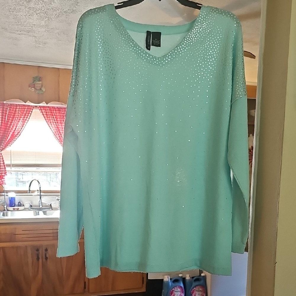 New Directions Mint V-Neck Crystal-Studded Sweatshirt